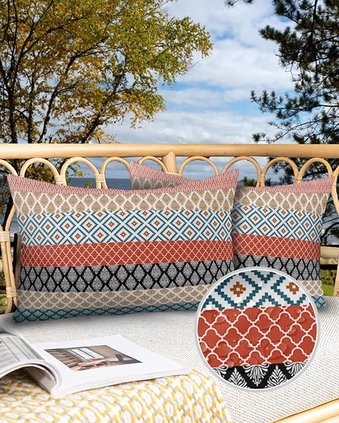 Outdoor Waterproof Throw Pillow Covers Boho Stripe Tribal Vingtage Lumbar Pillowcases Bohemian Style Pattern Decorative Pillows Cushion Case Patio Pillows for Couch Bed Garden 20 x 12 Inches