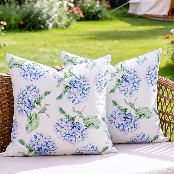 cygnus Summer Waterproof Outdoor Pillow Covers 18x18 Inch Blue Green Hydrangea Outdoor Pillows for Patio Furniture Garden Home Decor- Double Side,Fade Resist