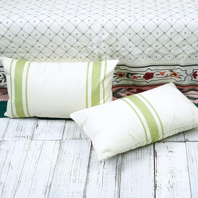 ONWAY Outdoor Pillow Covers Waterproof 12x20 Set of 2 Decorative Linen Throw Pillow Cover Beige and Green Striped Outdoor Pillows for Patio Furniture
