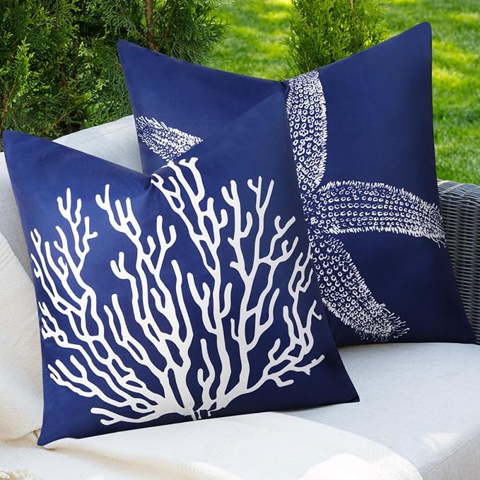 Adabana Outdoor Waterproof Coastal Pillow Covers 20x20 Inch | Nautical Starfish Coral Outdoor Pillow Covers Summer Decirative for Patio Furniture Porch Garden Pillows