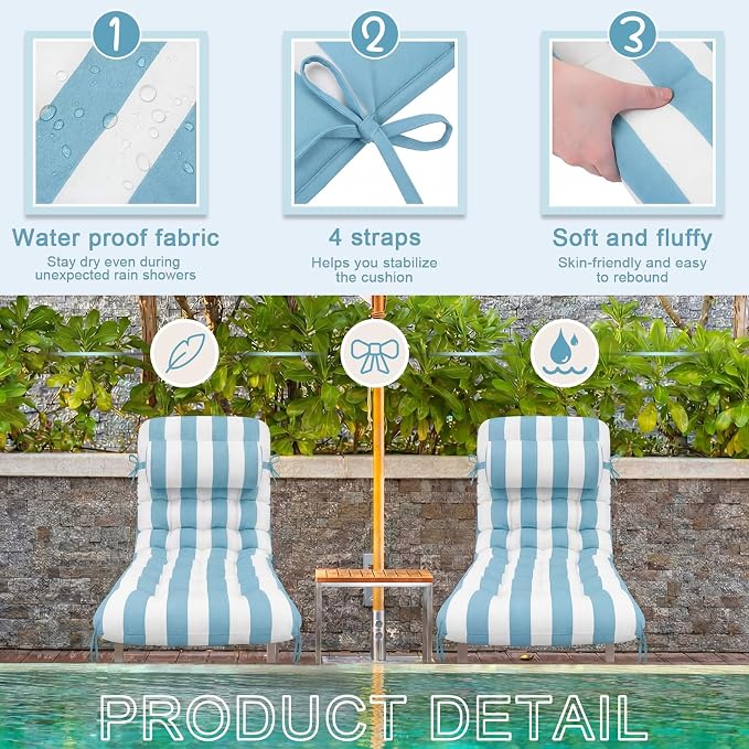 Tudomro Outdoor Chaise Lounge Cushion 66x21x4'' Waterproof & Fade-Resistant Patio Pool Chaise Lounge Cushion Headrest Pillow Tie Replacement Rocking High Back Chair(Blue, White Stripe,Set of 2)