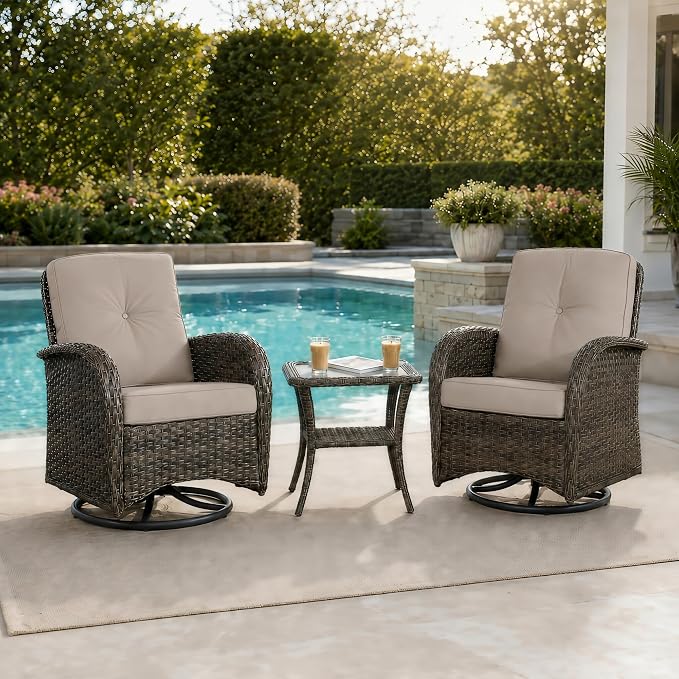 HUMMUH 3-Piece Wicker Swivel Rocking Patio Furniture Set, Brown/Beige | Powder-coated steel frame, hand-woven PE wicker, 250 lb capacity, 4-inch sponge cushions, 5mm tempered glass side table