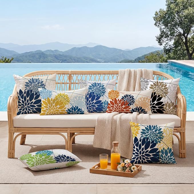 OTOSTAR Outdoor Black Brown Pillow Covers 12x20 Inch Set of 2 Light Brown Flower Throw Pillows Farmhouse Geometric Dahlia Floral Lumbar Cushion Case Waterproof Decor for Sofa Patio Funiture Garden