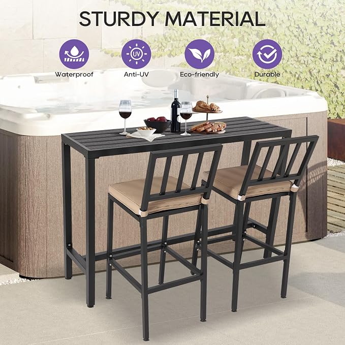 Outdoor Bar Table, 55" Black Patio Counter Height Bar Table, Outdoor Console Table with Weather Resistant Waterproof Top for Hot Tub, Balcony, Garden, Yard, Poolside,Black (Black, 55")