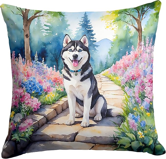 Caroline's Treasures Siberian Husky Spring Path Throw Pillow Machine Washable, Indoor Outdoor Decorative Pillow for Couch, Bed or Patio, 18Hx18W