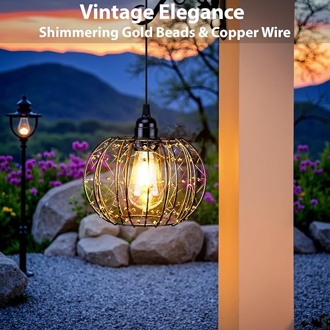 Battery Operated Hanging Chandelier Outdoor, Set of 2 with Remote, No Wiring, Boho Copper Wire Beaded Pendant Light, IP55 Weatherproof, Dimmable Timer, for Gazebo Pergola Porch Patio Decor