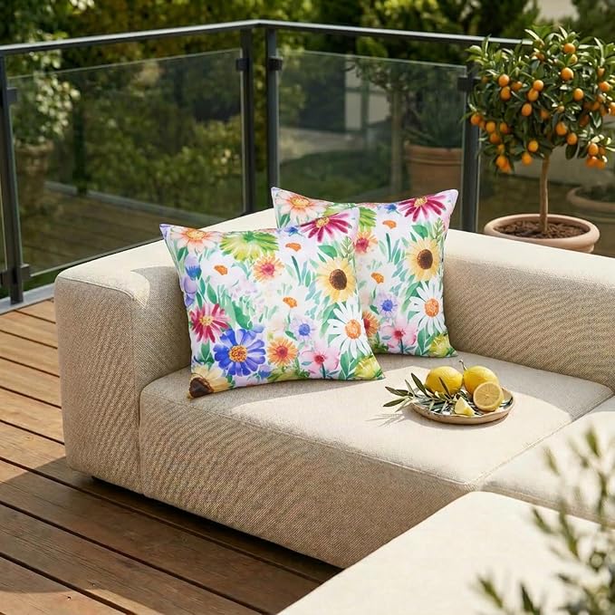 ONWAY Outdoor Floral Pillow Covers 18X18 inch Set of 2 Waterproof Yellow and Green Daisy Decorative Throw Pillowcases for Patio Furniture Garden Spring Summer Cushion Cover