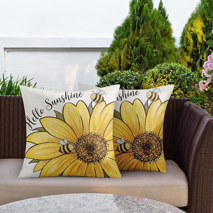 Outdoor Throw Pillow Covers, Bee Sunflower, 18 x 18 inch, Set of 2 | Waterproof 18 x 18 inch square cushion case pillowcase farmhouse garden decorative pillows for couch beach patio