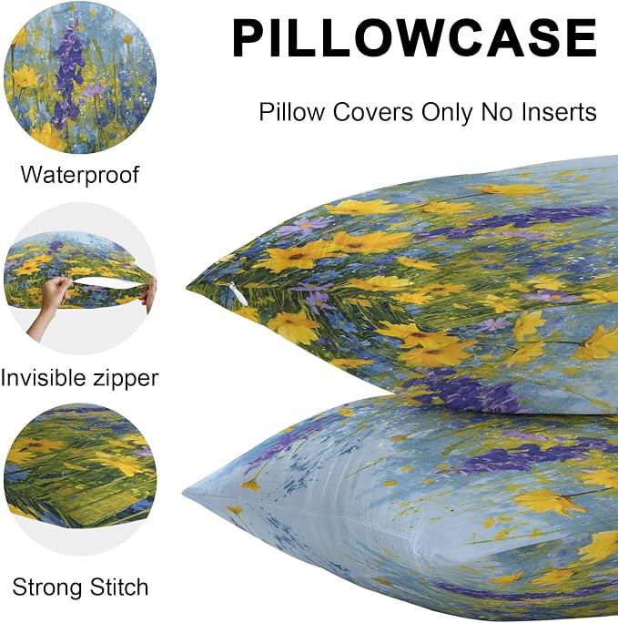 Outdoor Waterproof Pillow Covers for Patio Rustic Landscape Decorative Throw Pillow Cover Spring Wildflower Floral Yellow Blue Purple Pillowcases Set of 2 Cushion Case for Sofa Couch Chair 20x20 Inch