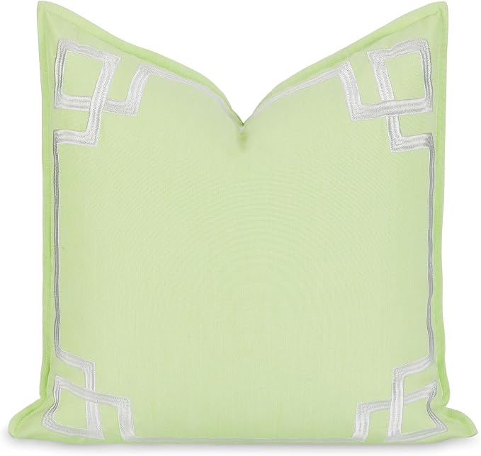 Hofdeco Premium Coastal Hampton Outdoor Performance Throw Pillow Cover Only, 20"x20" Water Repellent, UV and Fade Resistant for Backyard, Couch, Poolside, Grass Green Embroidered Frame Greek Key