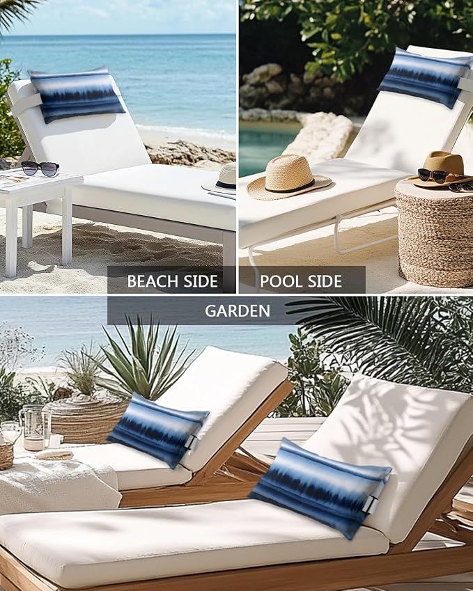 Outdoor Pillows Waterproof Covers Set of 2, Abstract Art Waves Elastic Chaise Lounge Headrest Pillow Covers, Stripes Watercolor Gradient Blue Lumbar Pillow for Beach Patio Furniture 11x16 Inch