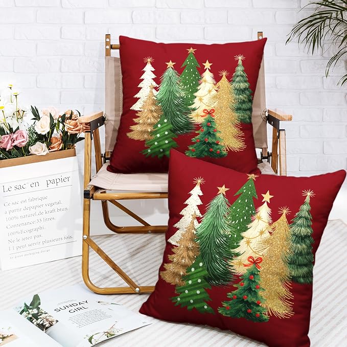 Red Christmas Pillow Covers 22x22 Set of 2 Gold Green Xmas Tree Pillow Case Winter Holiday Throw Pillow Covers Double Sided Printing Decorative Cushion Case for Couch Sofa