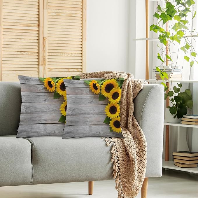 Swono Decorative Square Pillow Covers 18x18 Inch Sunflowers, Blossom Sunflowers Retro Wooden Polyester Pillow Case Set of 2, Soft Cushion Cover Pillowcases for Home Bedroom Couch Sofa Armchair