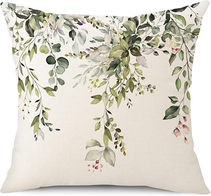 Outdoor Waterproof Throw Pillow Covers 18X18 Inch Set of 2 Spring Sage Green Pillow Covers Watercolor Eucalyptus Leaves Decorative Cushion Covers for Couch Garden Tent Balcony