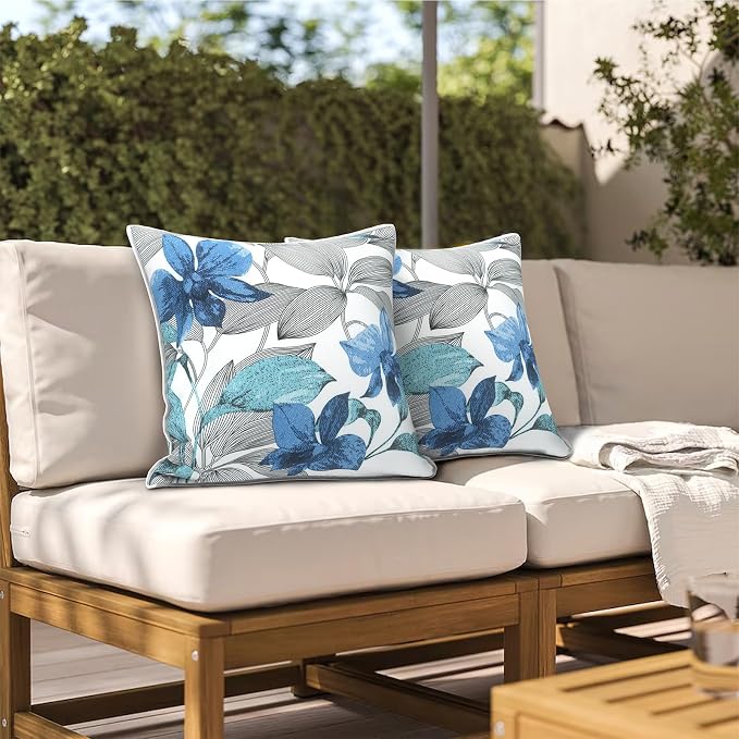 Outdoor Throw Pillows Inners, Fade Resistant Patio Furniture Square Pillows with Piping Set of 2 for Patio Furniture, 18x18 Inch, Clemens Blue