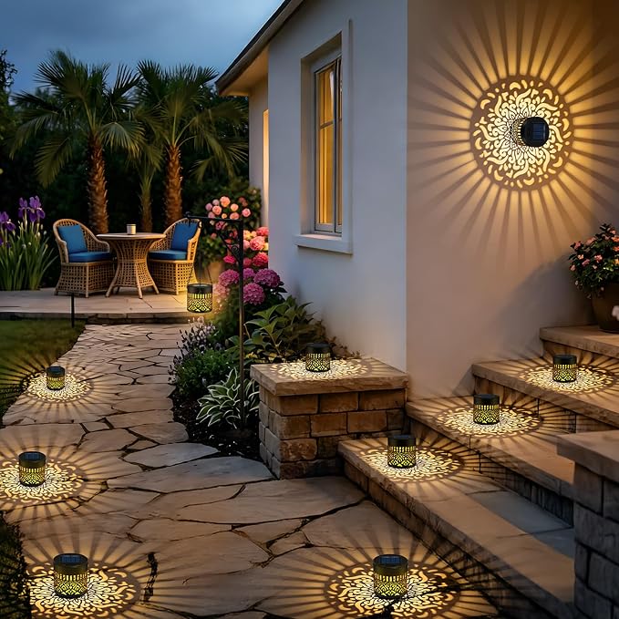 4 Pack Solar Fence Lights Outdoor, Metal Solar Powered Wall Deck Step Light | Mandala Theme, Hanging LED Waterproof Decorative Lighting for Garden Patio Backyard Post Decor, Warm White