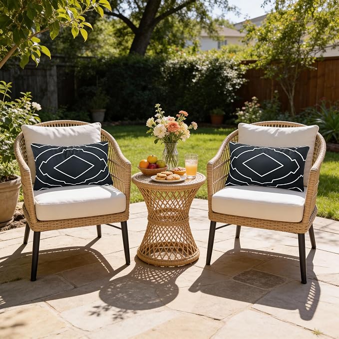 Waterproof Geometric Outdoor Pillow Covers 12x20 Inch Set of 2 | Black and White Geometric Throw Pillow Covers, Modern Decorative Cushion Cases for Patio Garden Porch Balcony Couch Sofa