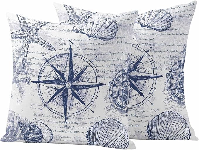 Vintage Nautical Outdoor Waterproof Throw Pillow Covers Set of 2, 26"x26", Summer Navy Blue Compass Shell Starfish Map Decorative Pillow Covers Outside Cushion Case for Patio Porch Garden