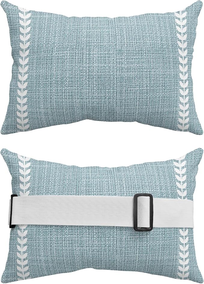 Simple Blue Outdoor Lumbar Pillow 12x20 Inch, Vintage Country Vertical Striped Linen Texture Waterproof Throw Pillow Covers with Insert, Decorative Headrest Pillows for Office Car Travel
