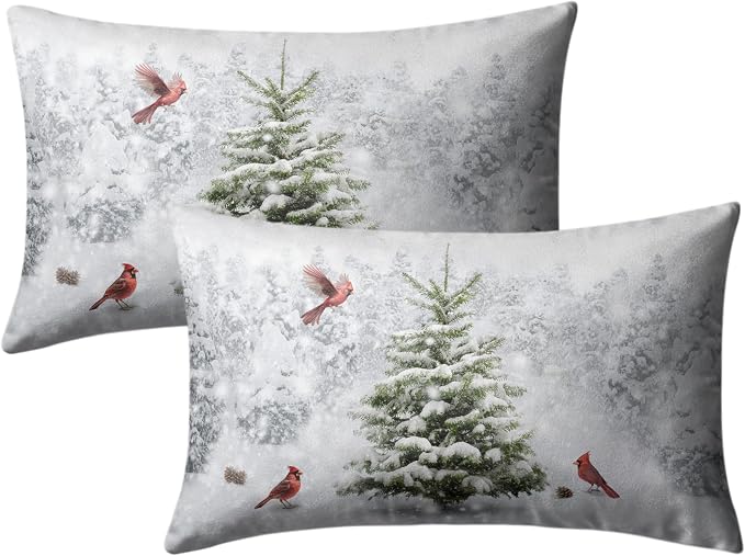 Winter Christmas Lumbar Pillow Covers 12x20 Set of 2 Snowy Natural Forest Rectangle Pillowcase Green Pine Tree with Cardinal Birds Waist Cushion Case for Couch Living Room Patio