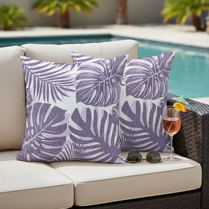 Purple Palm Leaves Outdoor Pillow Covers 26"x26" Set of 2, Tropical Botanical Minimalist Modern Waterproof Throw Pillow Covers for Patio Furniture, Decorative Cushion Covers for Porch