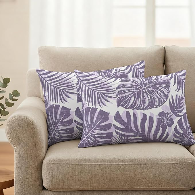 Purple Palm Leaves Outdoor Pillow Covers 20"x12" Set of 2, Tropical Botanical Minimalist Modern Waterproof Throw Pillow Covers for Patio Furniture, Decorative Cushion Covers for Porch
