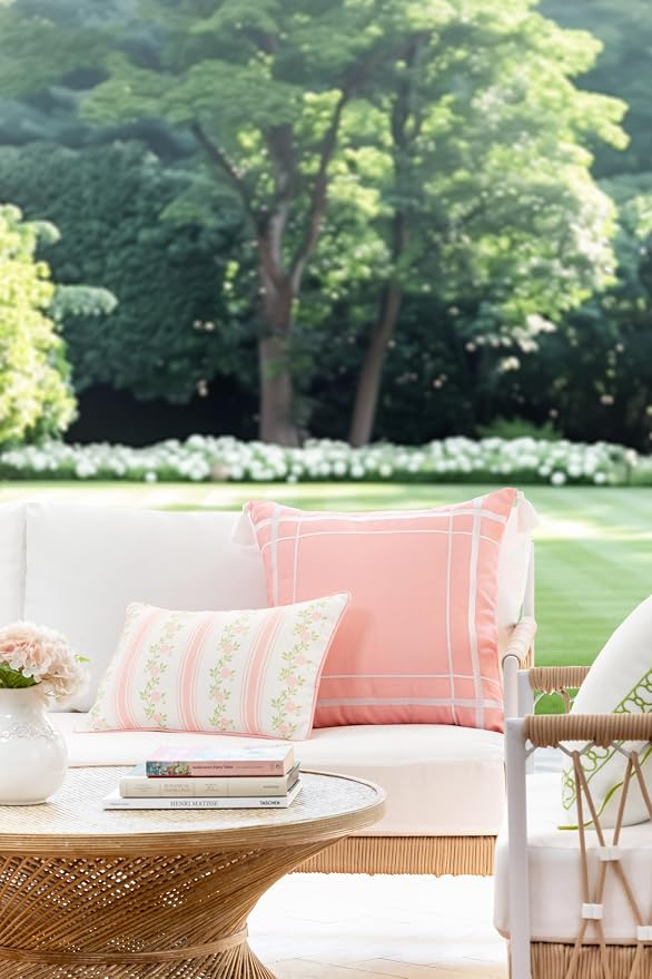 Hofdeco Premium Coastal Patio Indoor Outdoor Lumbar Pillow Cover Only, 12"x20" Water Repellent for Backyard, Couch, Blush Pink Print Stripe Floral
