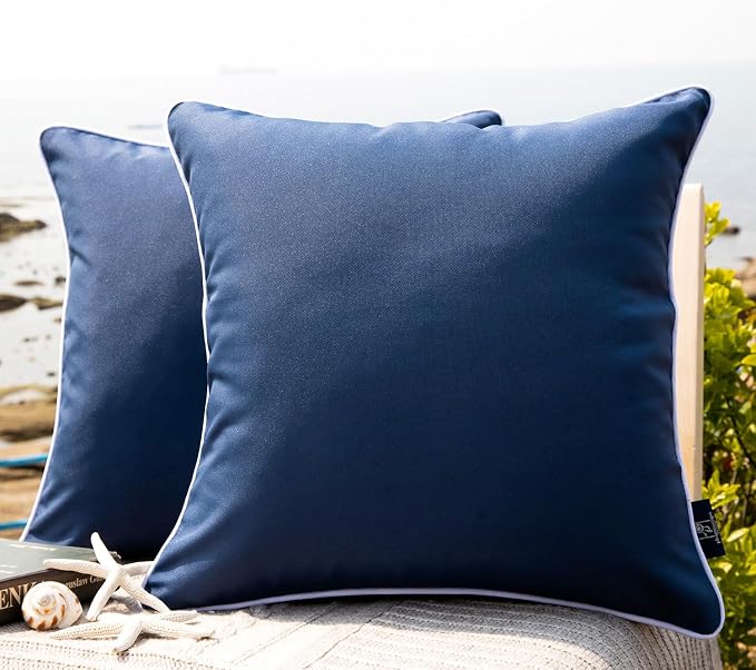 Phantoscope Pack of 2 Outdoor Waterproof Throw Pillow Covers with Contrast Piping, Decorative Square Cushion Case Patio Pillows for Couch Tent, Dark Blue 18x18 inches