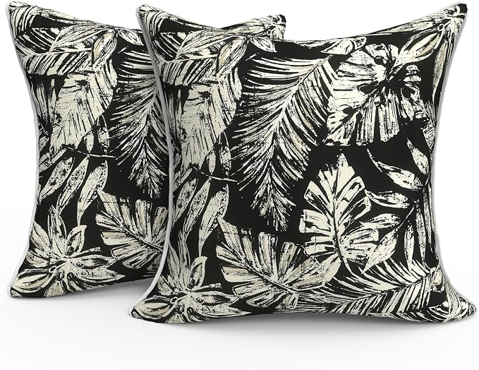 Outdoor Throw Pillows Inners, Fade Resistant Patio Furniture Square Pillows with Piping Set of 2 for Patio Furniture, 18x18 Inch, Tropical Leaf Black