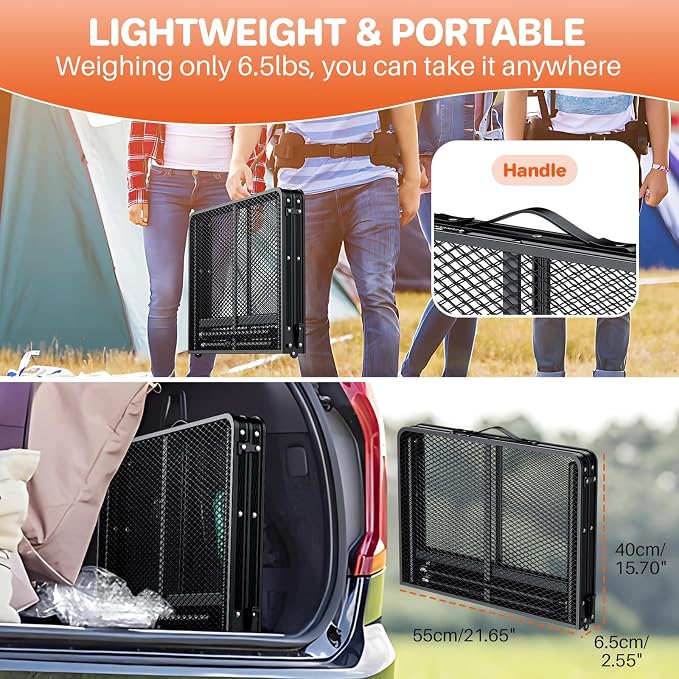 FUNYKICH Wider and Taller Grill Table 31.5''x21.6'', Max Height 29.4'' Portable Camping Tables, 2 Height Adjustable Lightweight Metal BBQ Table with Carry Handle for Camping, Picnic, BBQ, Black
