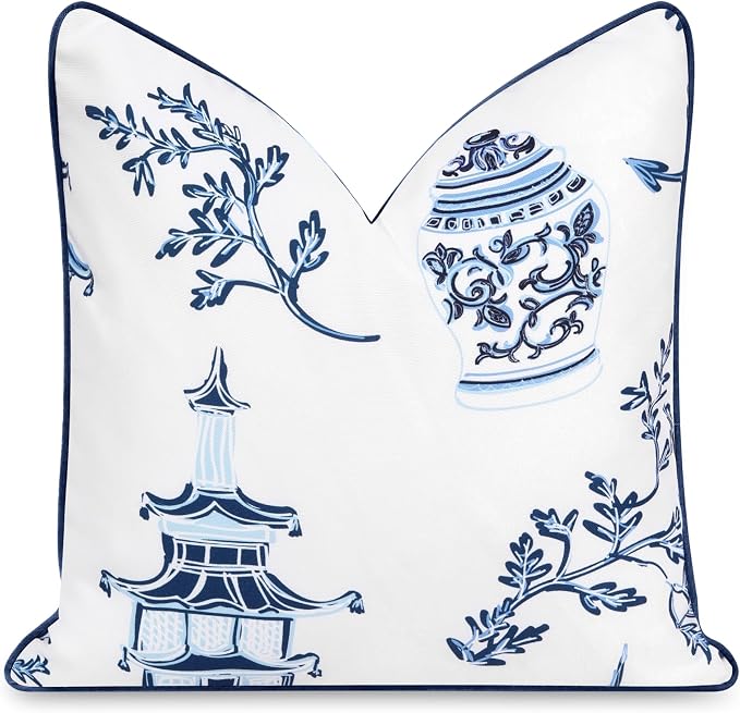 Hofdeco Premium Coastal Patio Indoor Outdoor Throw Pillow Cover Only, 20"x20" Water Repellent for Backyard, Couch, Navy Blue Chinoiserie with Piping