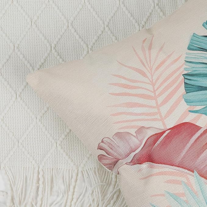 Bonhause Tropical Leaves Throw Pillow Covers 18 x 18 Inch Set of 4 Pink Green Palm Leaf Polyester Linen Decorative Pillow Cases for Couch Sofa Bed Home Garden Outdoor Décor