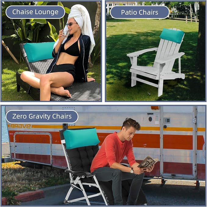 Chaise Lounge Head Pillow, 2 Pack Outdoor Patio Pillows with Adjustable Strap, Lounge Head Resting Pillow for Recliner Beach Pool Lounger Office Chair，Water Resistant Turquoise