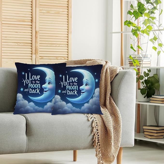 Swono Moon Blue Pack of 2 Throw Pillow Cases, I Love You The Moon and Back Cozy Pillow Cover Square 18"X18" Cushion Case Set Pillowcase Decorative for Home Sofa Bedroom Car Office, Love Phrase