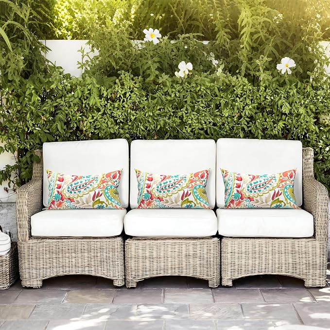 LVTXIII 12×20 Inch Outdoor Lumbar Pillows, Pack of 2 Water Repellent Lumbar Pillow with Inserts, Fluffy Decorative Garden Lumbar Cushions for Home Patio Coach Sofa Use, Pretty Paisley