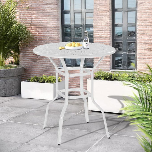 Outdoor Cast Aluminum Bar Table, 35.4" Patio Bar Height Table with 2" Umbrella Hole, All Weather High Top Bistro Round Dining Table for Outside Deck Porch Balcony Poolside, White