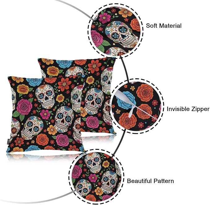 Swono Day of The Dead Throw Pillow Covers, Mexican Sugar Skulls Flowers Skeleton Set of 2 Pillow Cases Decorative 18 X 18 Inches Soft Cushion Cover Pillowcases for Bedroom Living Room Cushion Sofa