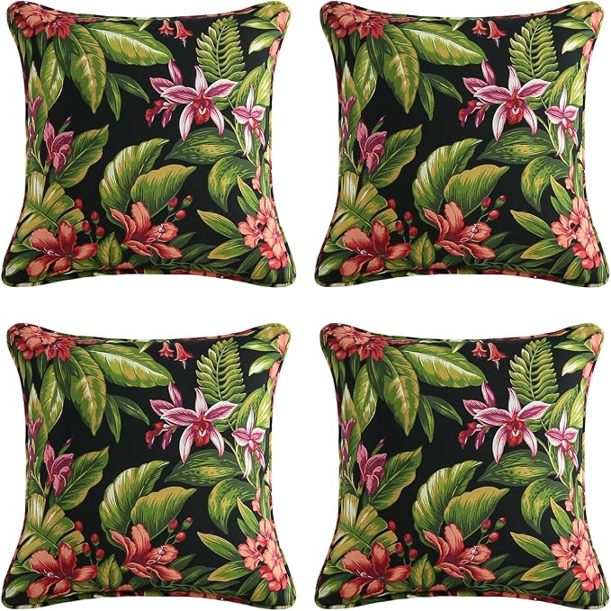 Outdoor Decorative Pillows Pack of 4, 18" x 18" Outdoor Pillow Set for Couch Bed Throw Patio Sofa, Red Flower Green Leaf