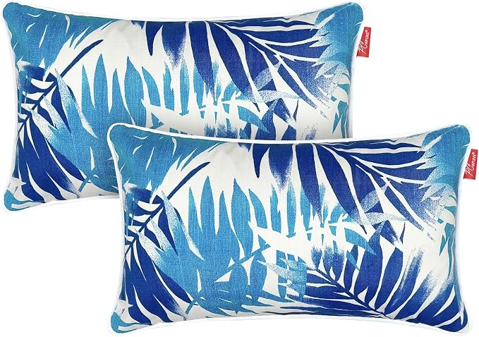 Pack of 2 Outdoor Lumbar Pillows,20x12 Inch All-Weather Water-Resistant Patio Pillows with Inserts, Decorative Pillows for Patio Furniture,Couch,Sofa,Poolside,Blue Leaf