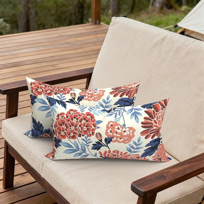 Outdoor Lumbar Pillows 12x20 Inch, Water Repellent Cushion Pillows, Outdoor Pillows with Inserts for Home Garden Pack of 2, Red Chrysanthemum