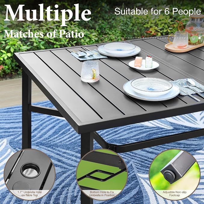 MFSTUDIO 9 Pieces Outdoor Patio Dining Furniture Set for 8,1 Large Rectangle Metal Table with 1.7'' Umbrella Hole and 8 Wicker Sofa Chairs with Navy Cushions, Outdoor Table and Chairs Dining Set for 8