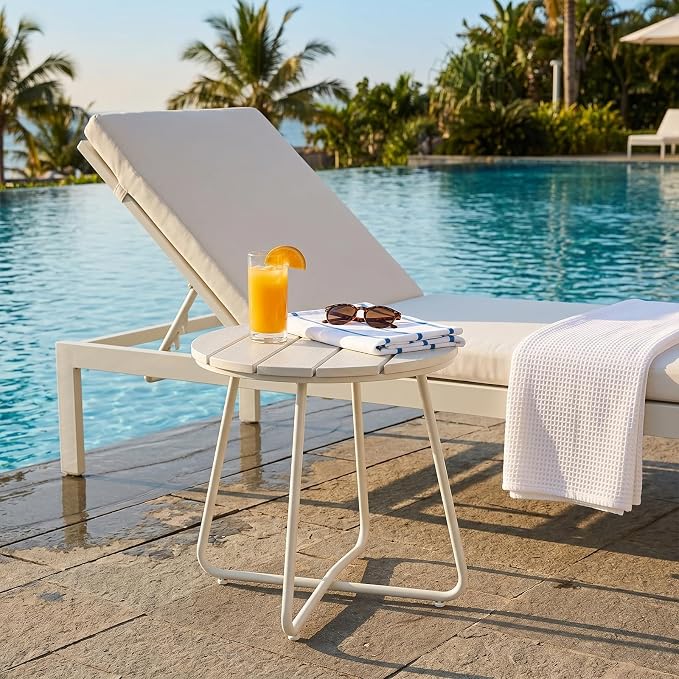 danpinera Outdoor Side Tables, HDPS Patio Table with Metal Legs, 18 Inch WhiteOutdoor Small Round Table for Garden, Backyard, Porch, Deck, Balcony, Poolside