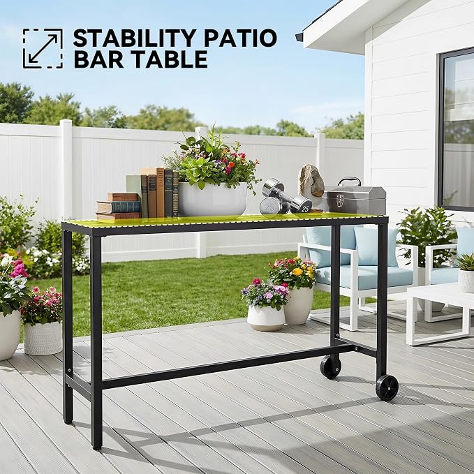 Outdoor Bar Table, 63" High Top Table with Wheel, Portable Bar Counter Height Table Weather Resistant Waterproof Top Outdoor Tables with Powder Coated Steel Framefor Tub,Garde,Poolside