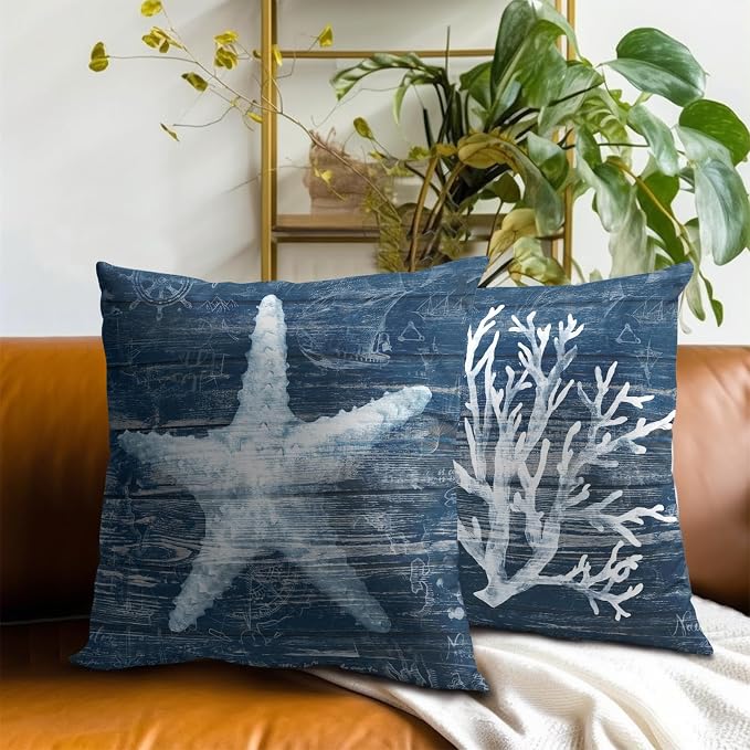 Summer Coastal Pillow Covers 18x18 Inch Set of 2, Rustic Starfish Coral Navy Blue Wood Board Printed Cotton Square Pillowcases for Couch Sofa Living Room Beach House Decor