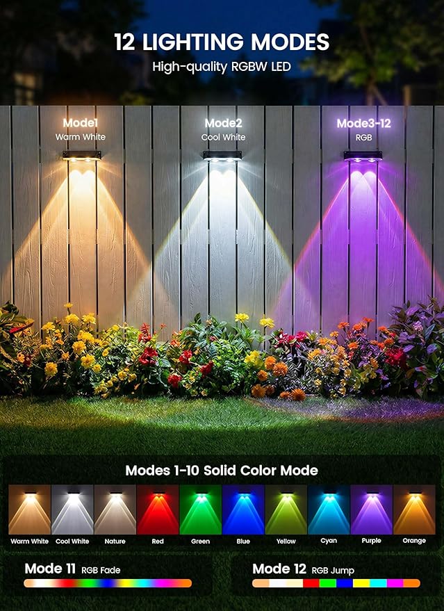Brightown 8 Pack Solar Fence Lights Outdoor, 3000/4000/6000K RGB 11 Colors | 3 Modes Solar Powered Fence Lights, IP65 Solar Deck Step Flood for Outside Yard Patio Home Improvement Wall Railing