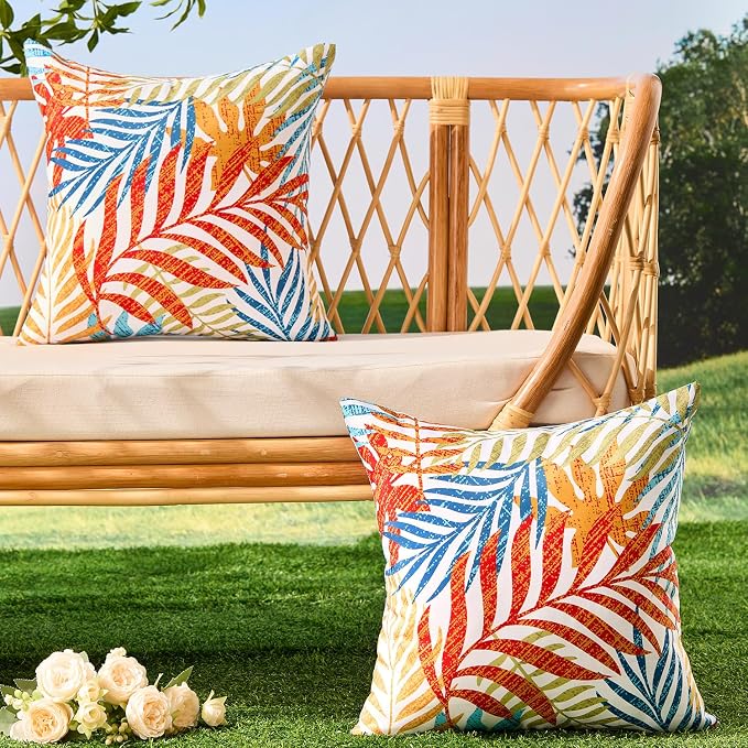 Allorry Outdoor Pillow Covers 20x20 Set of 2 Hawaii Tropics Palm Leaves Blue Red Floral Pattern Decoration Pillow Covers for Spring Summer Outdoor Waterproof Garden Patio Sofa Bed Decor JB010-A20