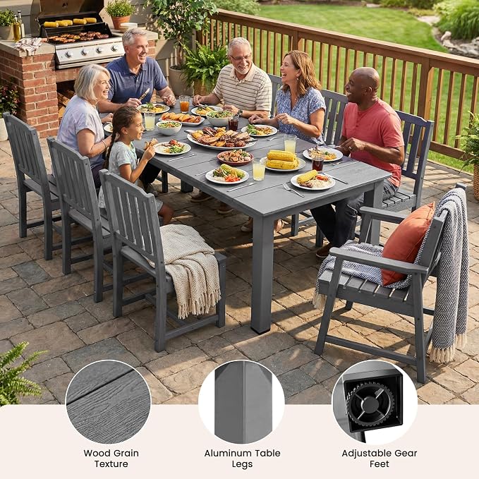 Ayge 9-Piece Outdoor Dining Set – HDPE Patio Furniture for 8 with 2" Hole Cut-Out Table & 8 Chairs, Perfect for Pool, Patio, Garden, Gray