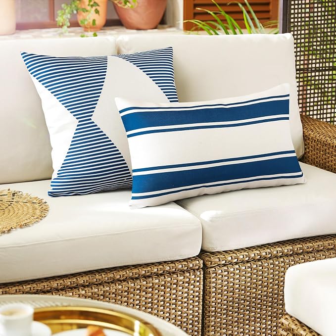 OTOSTAR Outdoor Decorative Pillow Covers Waterproof Garden Throw Pillow Covers 12x20 Inch Cushion Case Geometry Pillowcases Pillows Shell for Patio Furniture Couch Tent Balcony Pack of 4 (Navy Blue)