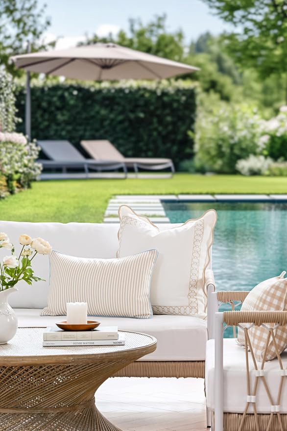 Hofdeco Premium Coastal Hampton Patio Indoor Outdoor Lumbar Pillow Cover Only, 12"x20" Water Repellent for Backyard, Couch, Poolside, Neutral Tan Blue Print Stripes