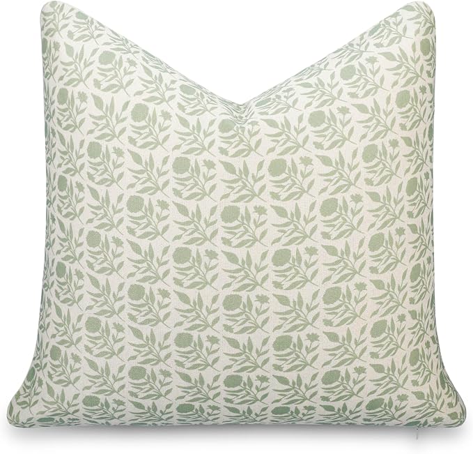 Crumbs Home Modern Farmhouse California Casual Indoor Outdoor Throw Pillow Cover, 20"x20" Water Repellent for Patio, Backyard, Couch, Poolside, Light Green Print Floral and Leaves Geometric